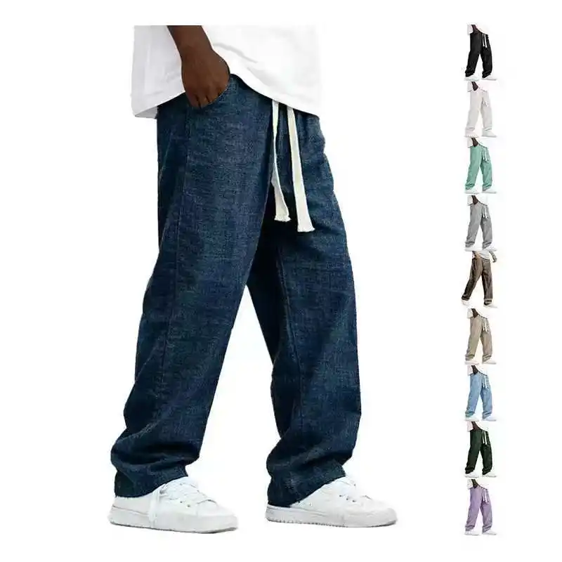 Mens Linen Wide-leg Straight-leg Trousers