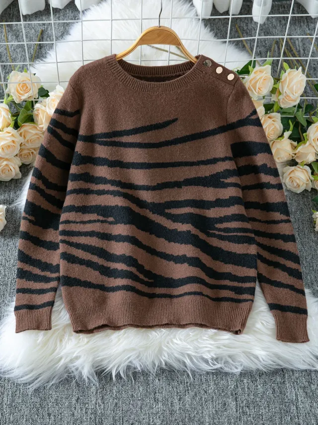 Zebra Print Round Neck Shoulder Button Long Sleeve Sweater Coffee - Shop at LoveMi