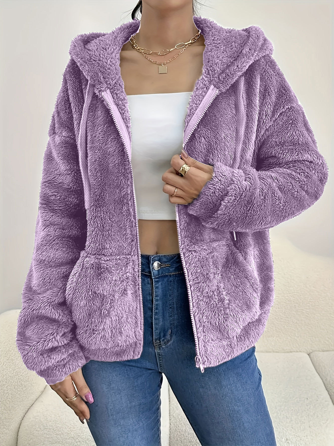 Casual Cozy Loose-fitting Hoodie With A Hood Zipper And Plush Pockets