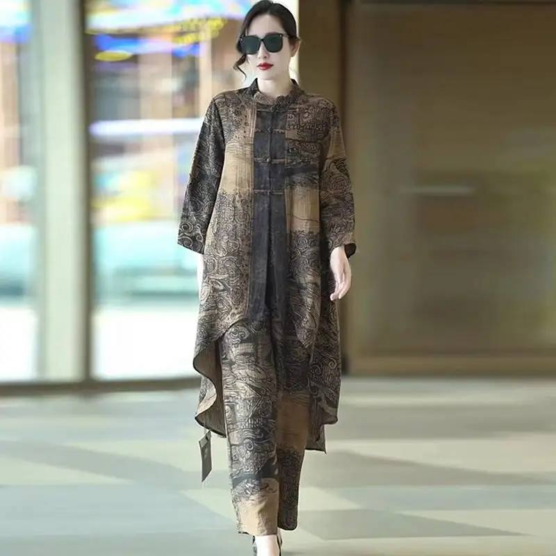 Retro Asymmetrical Top And Wide-leg Pants Two-piece