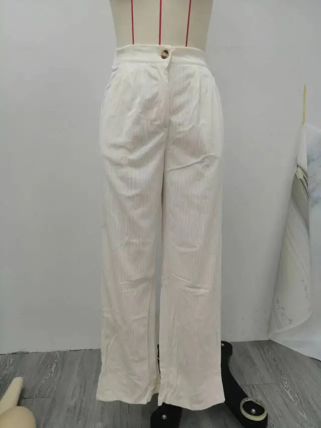 Women's High Waist Casual Pants Solid Color Corduroy Baggy Straight Trousers Beige - Shop at LoveMi