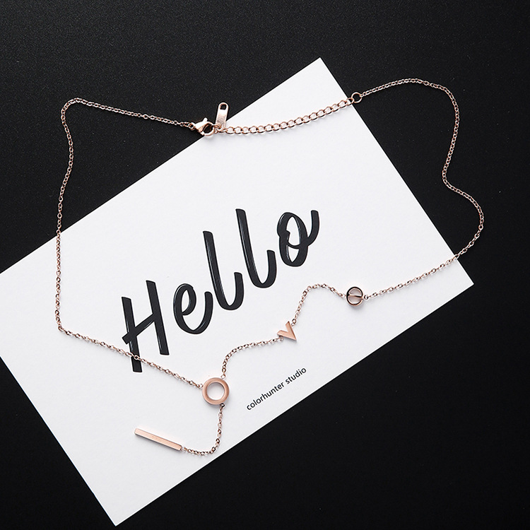 Title 6, Rose gold LOVE strip titanium steel necklace cl...