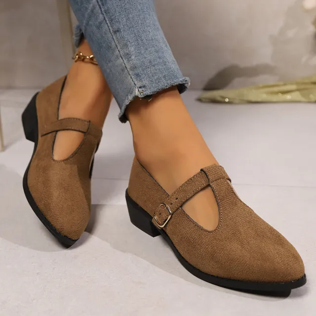 British Style Pointed Toe Shallow Mouth Buckle Shoes Women Brown - Shop at LoveMi