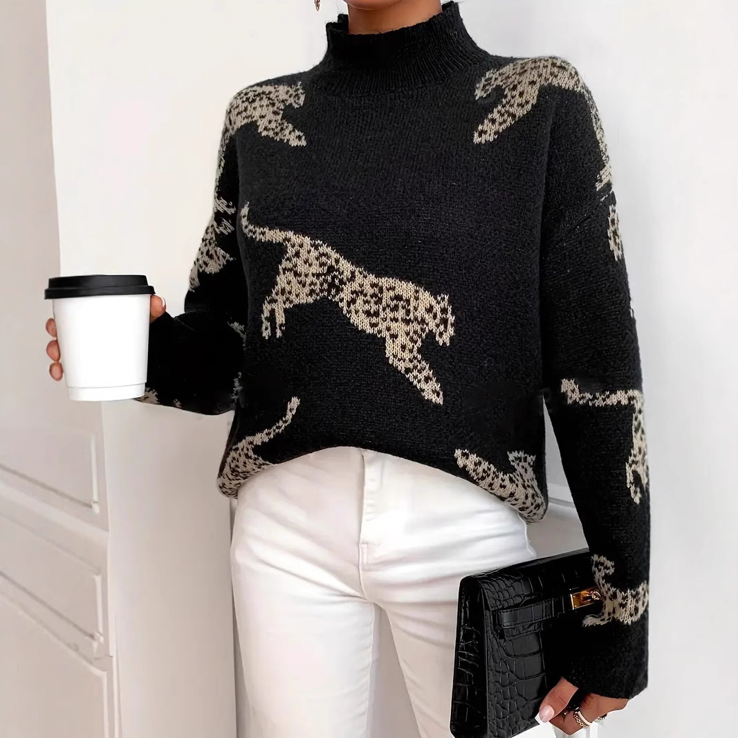Elegant Jacquard Contrast Color Knitwear Top