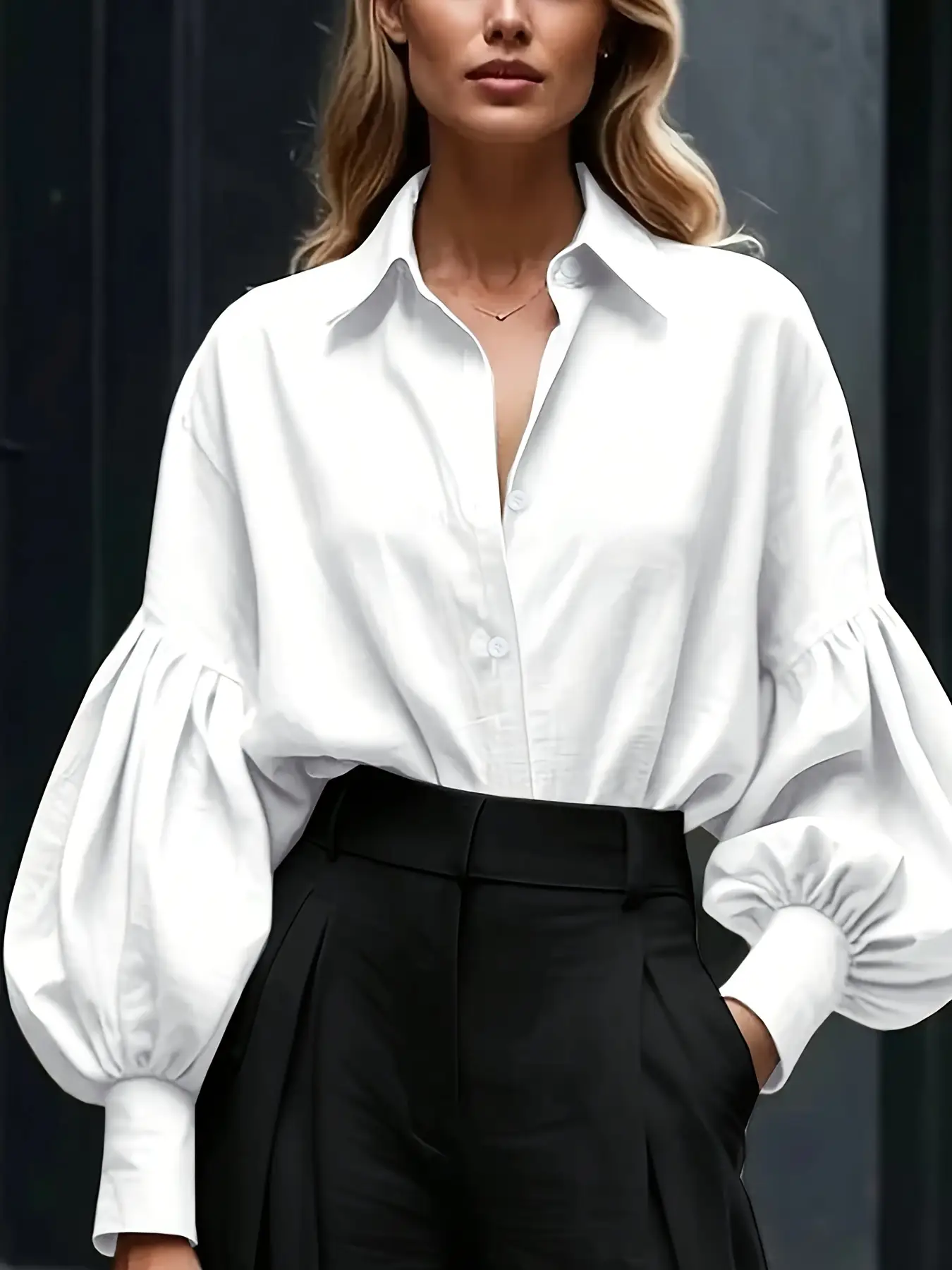 White Puff-Sleeve Shirt Womens Loose-Fit French-Style Commuter Long-Sleeve Top