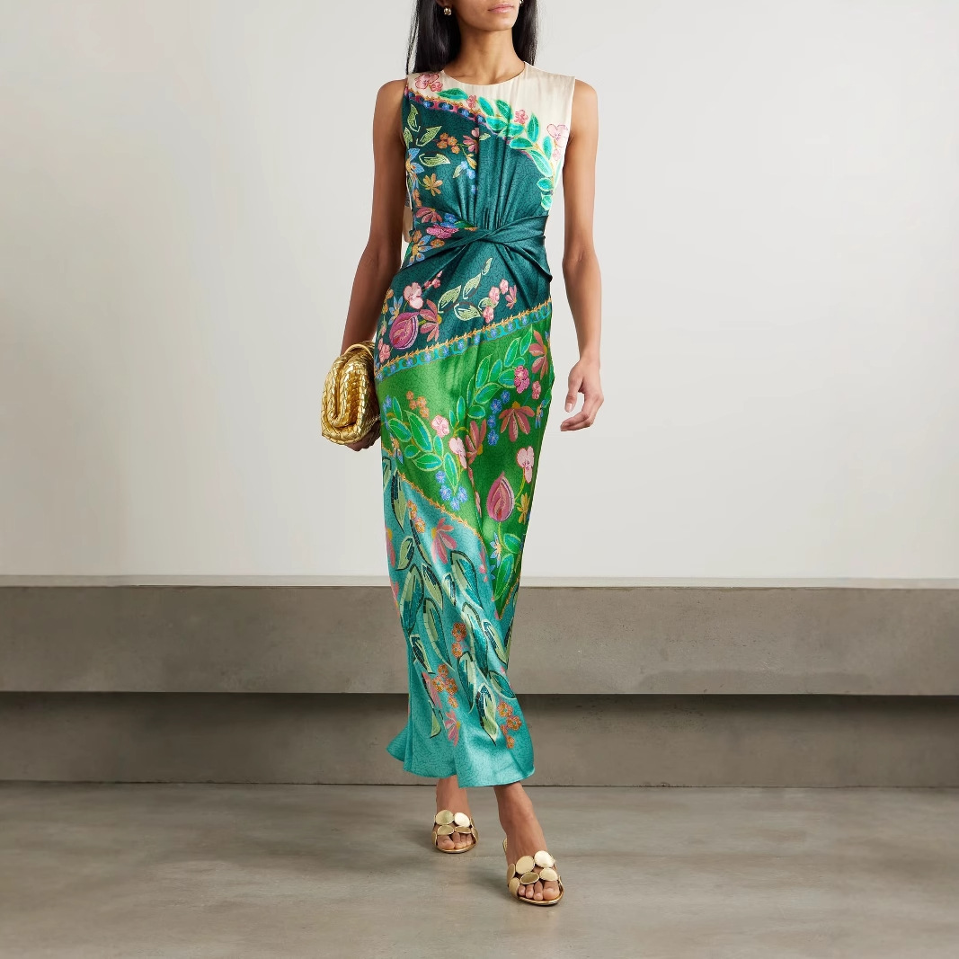 Summer Casual Sleeveless Positioned Print Satin Knot Dress - Shop at LoveMi