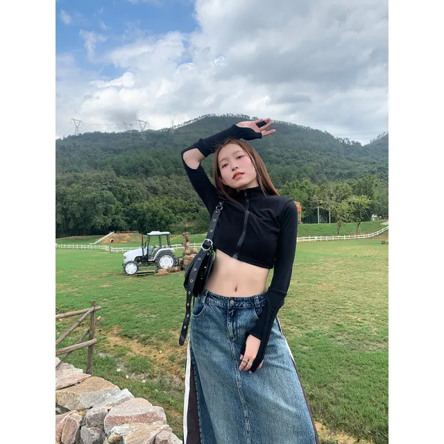 American Retro Denim Stitching Skirt Blue - Shop at LoveMi