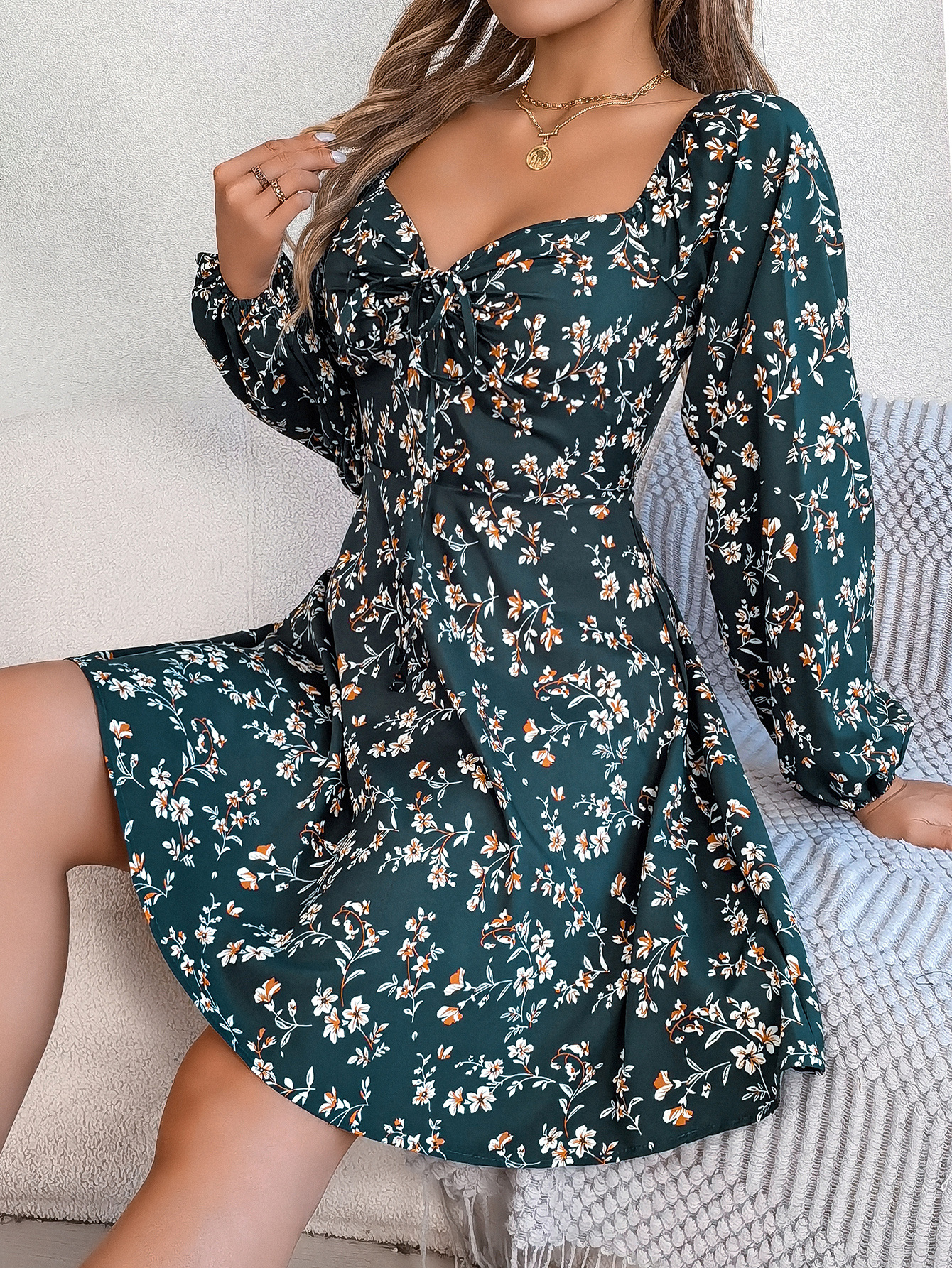 Casual Lace Up Square Collar Floral Print Long Sleeve A Line Dress Dark Green - Shop at LoveMi