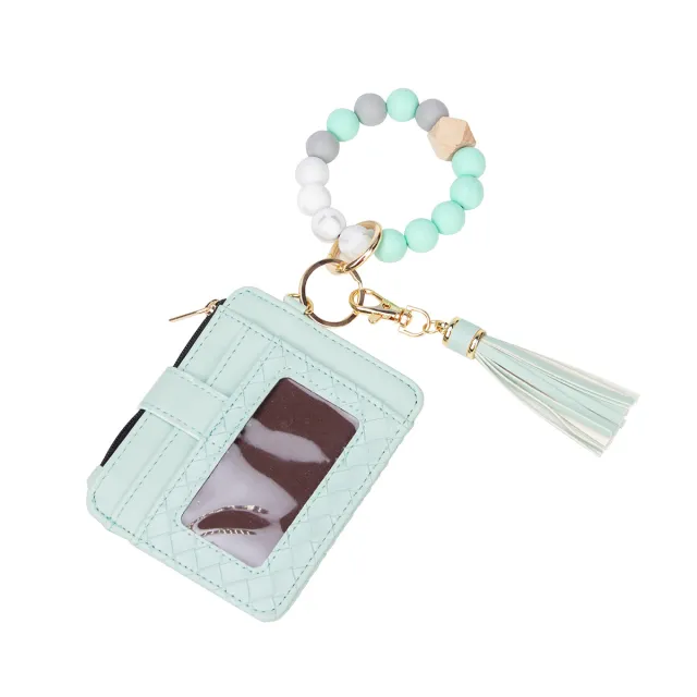 Leather PU Tassel Card Bag Silicone Bracelet Wrist Keychain Pendant Cyan - Shop at LoveMi