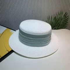 Spring And Summer Short Brim Satin Rhinestone Straw Flat Top Hat Women - White Green Ribbon - View 1