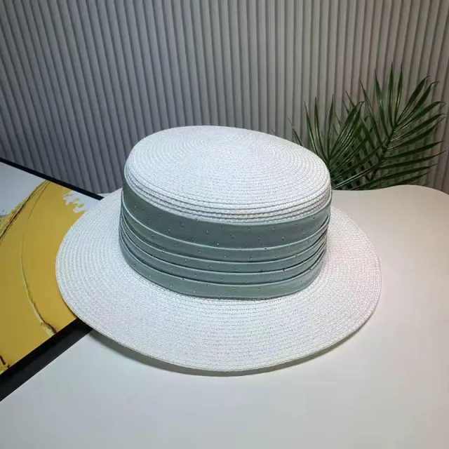 Spring And Summer Short Brim Satin Rhinestone Straw Flat Top Hat Women White Green Ribbon - Shop at LoveMi