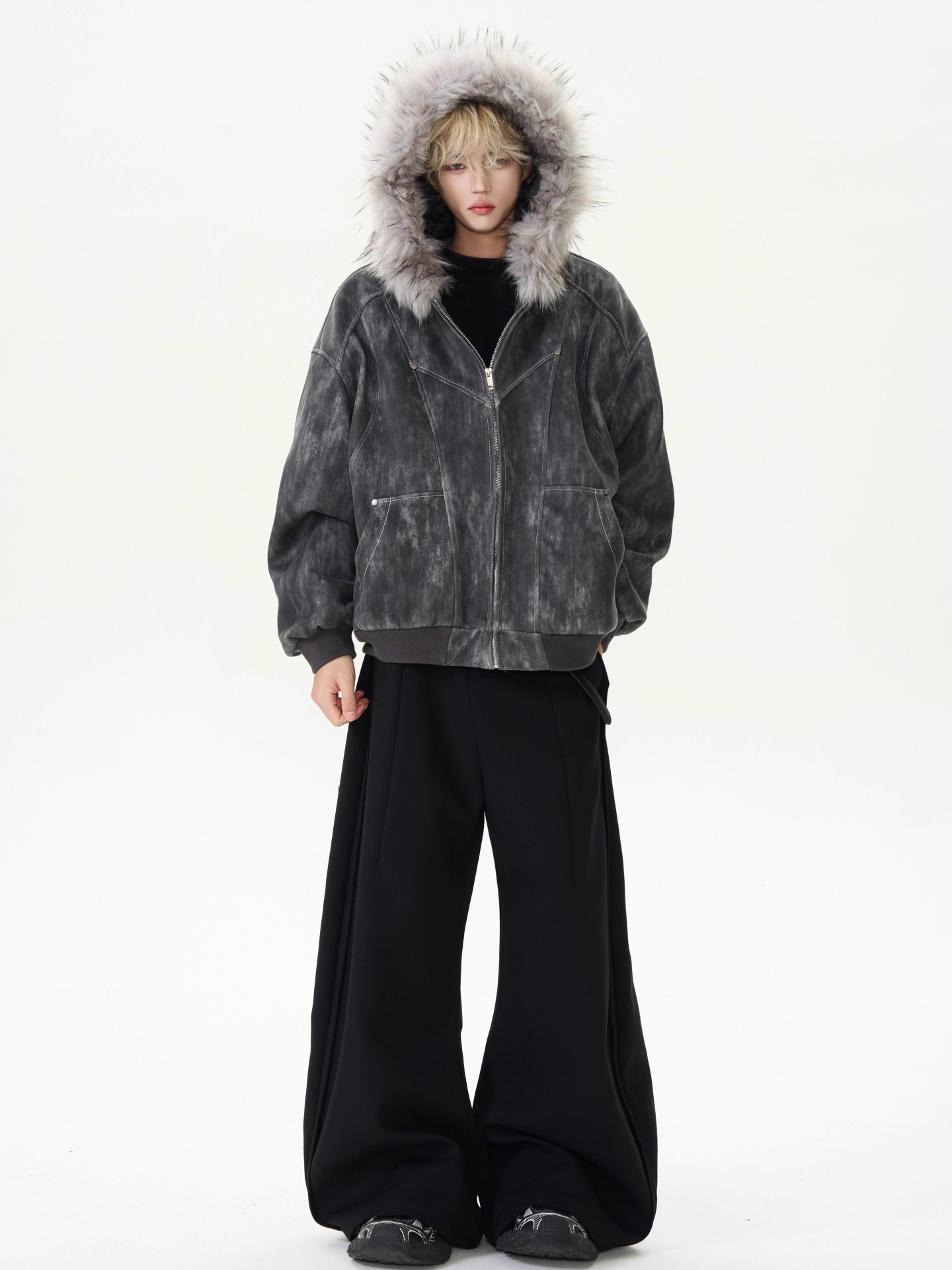 Men's Vintage Wash Suede-Touch Oversized Jacket with Plush Fur Hood