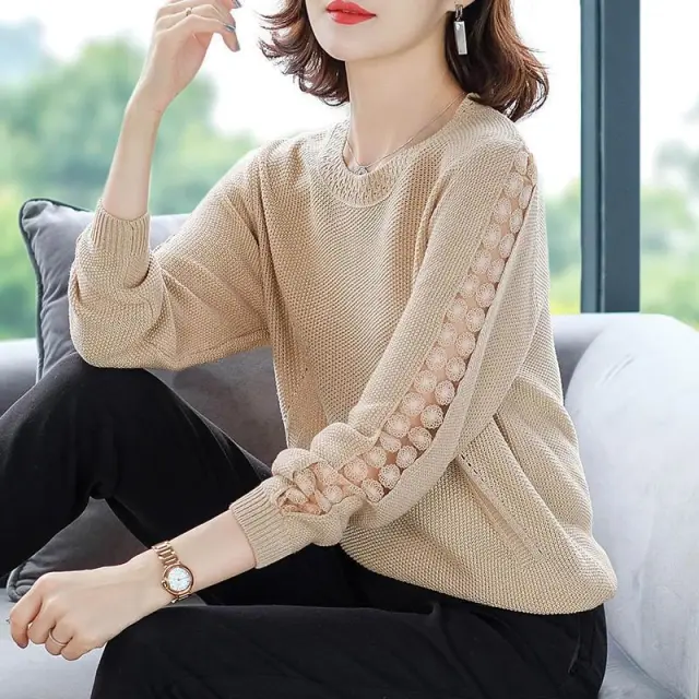 Loose Round Neck Hollow Top Sweater Khaki - Shop at LoveMi