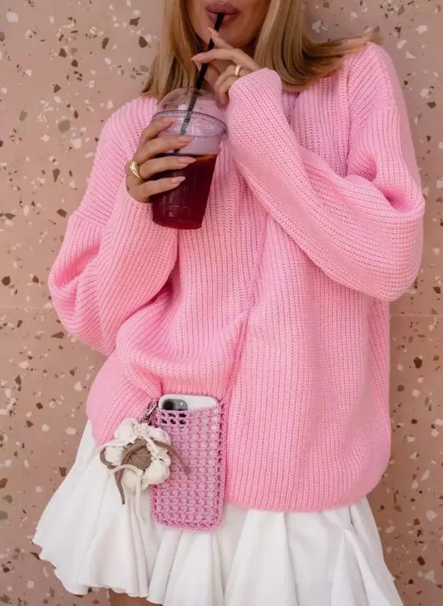 Women's Sweater Round Neck Pullover Loose-fitting Long Sleeves - Pink
