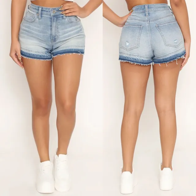 Women's Denim Shorts Washed Frayed Hem Elastic Light Blue - Shop at LoveMi