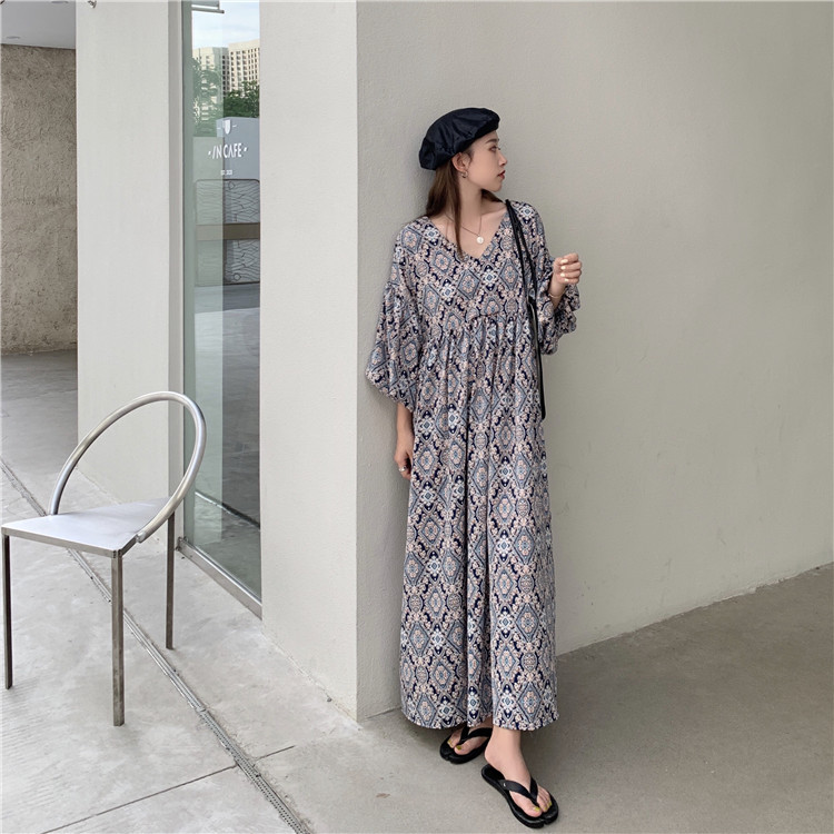 Vintage Floral V-neck Loose Mid-length Dress