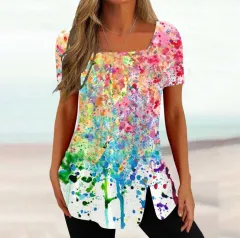 Cross-border New Print Short Sleeve Irregular Button Split Printed Women's T-shirt - Floral - View 1