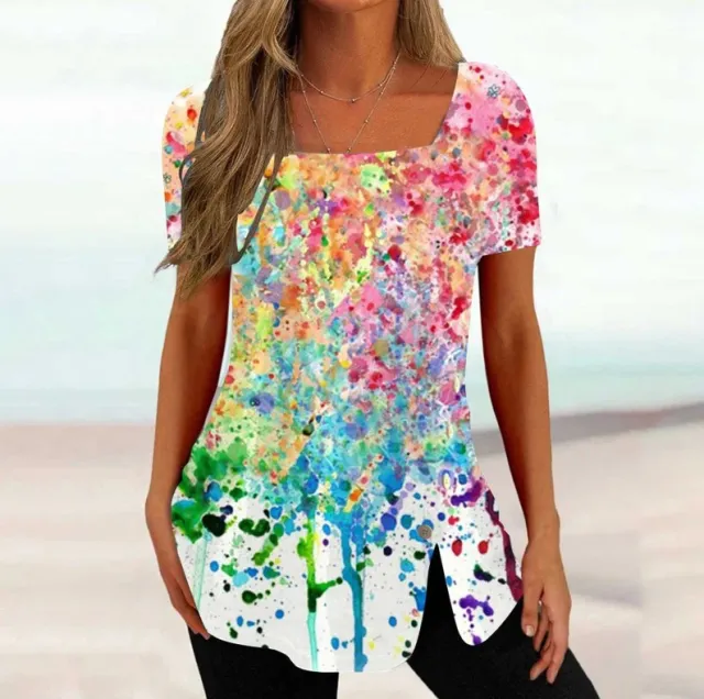 Cross border New Print Short Sleeve Irregular Button Split Printed Women's T shirt Floral - Shop at LoveMi