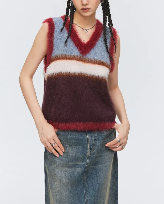 Wool Blended Long Velvet Wool Contrast Color Striped Knitted V neck Vest Sweater Red - Shop at LoveMi