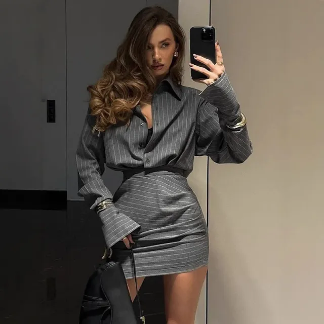 Spring And Summer Elegant Slim Striped Long sleeved Shirt Skirt Outfit Gray - Shop at LoveMi