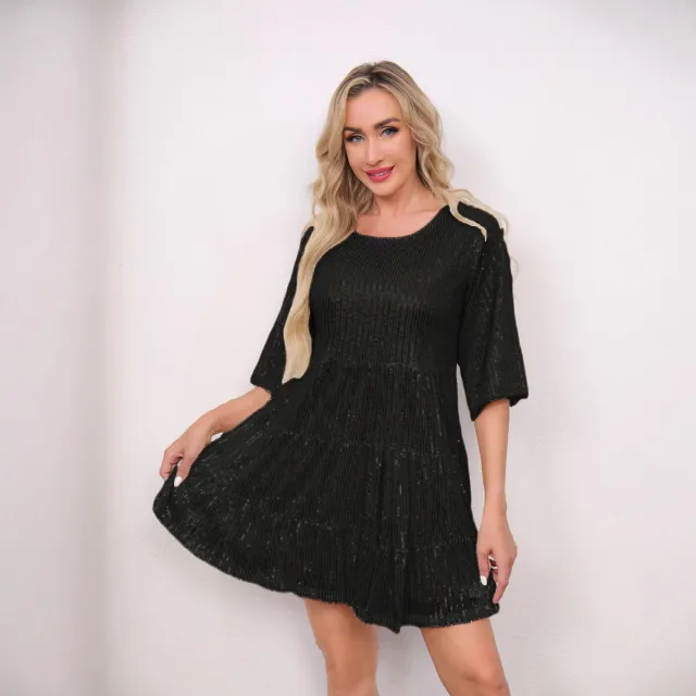 Loose Waist Short Sleeve Short Skirt Dress Banquet Sequin Black - Shop at LoveMi