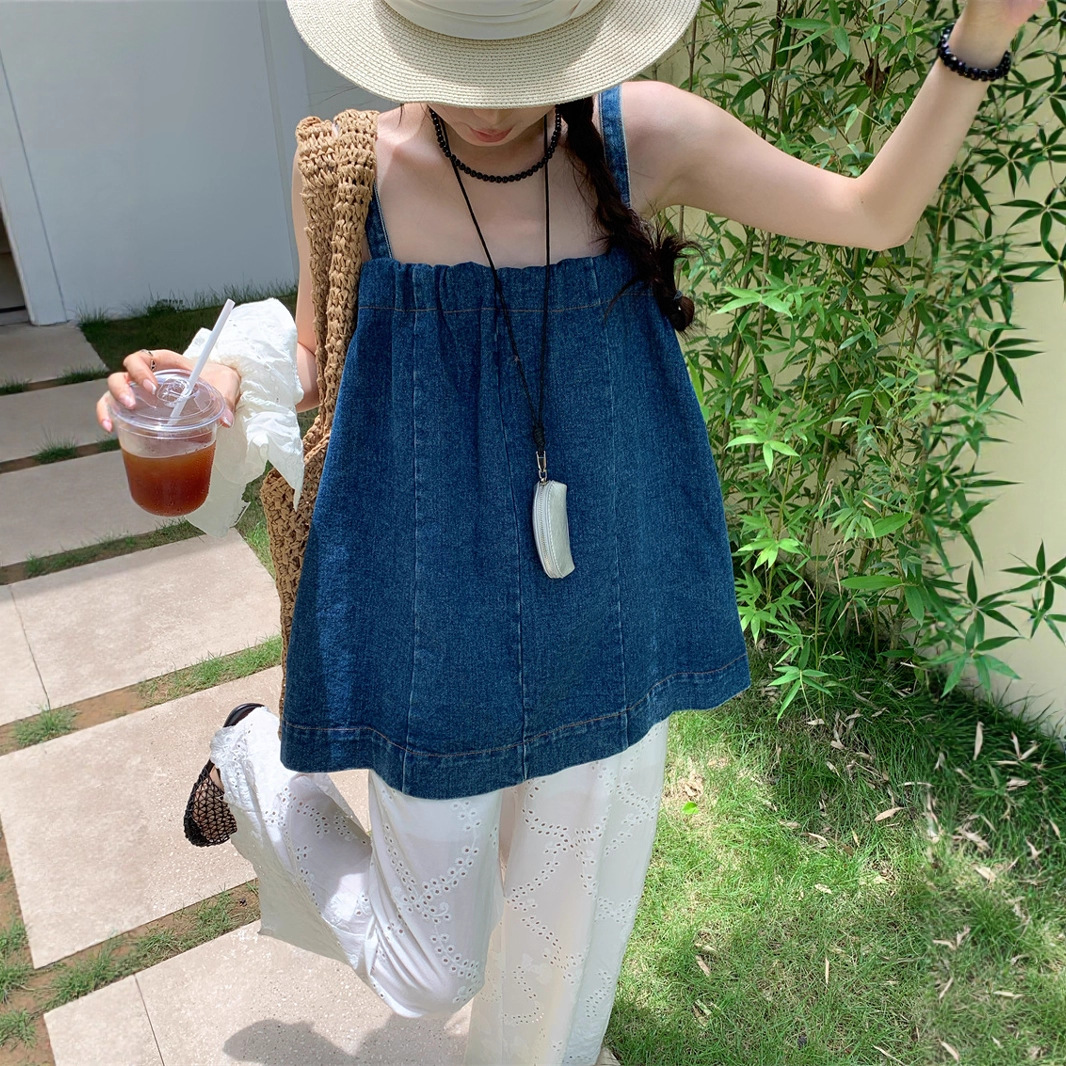 Denim Top Loose All match Lace Wide Leg Pants Fashion Suit Denim Sling - Shop at LoveMi