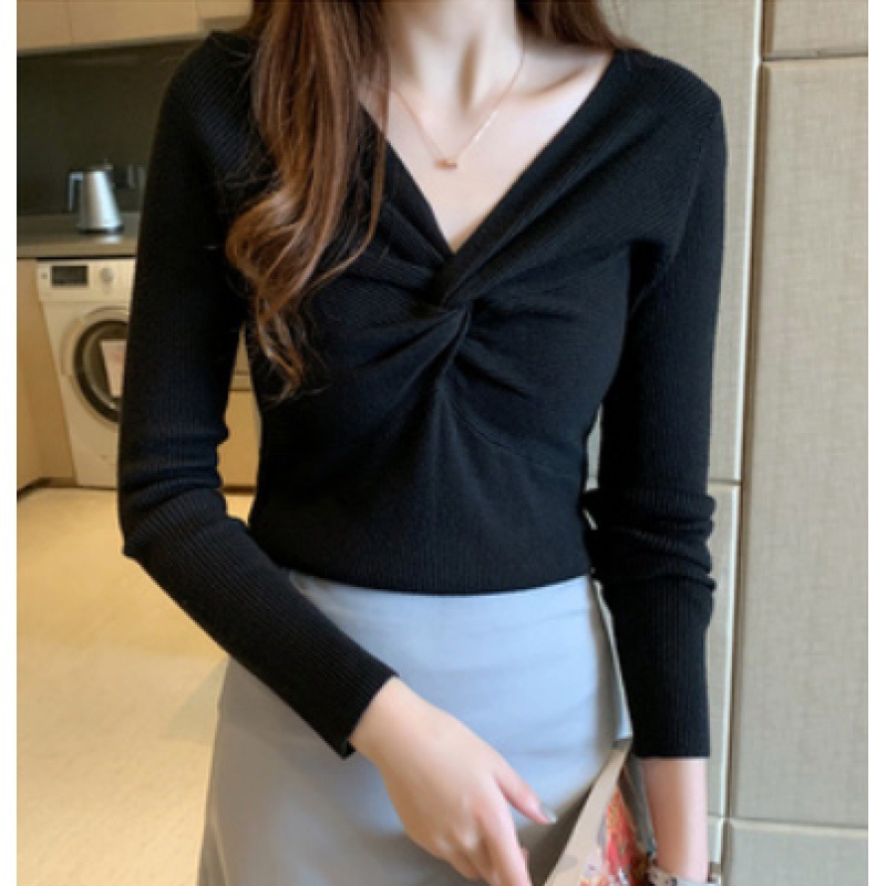 秋冬装新款扭结设计修身羊毛针织衫女v领上衣内搭毛衣打底衫