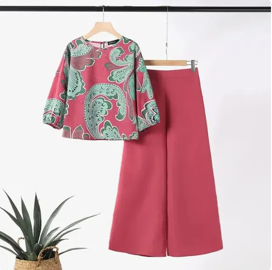 Summer Floral Print Top Wide Leg Pants Sportswear Fashion Loose Match Suit Red - Shop at LoveMi