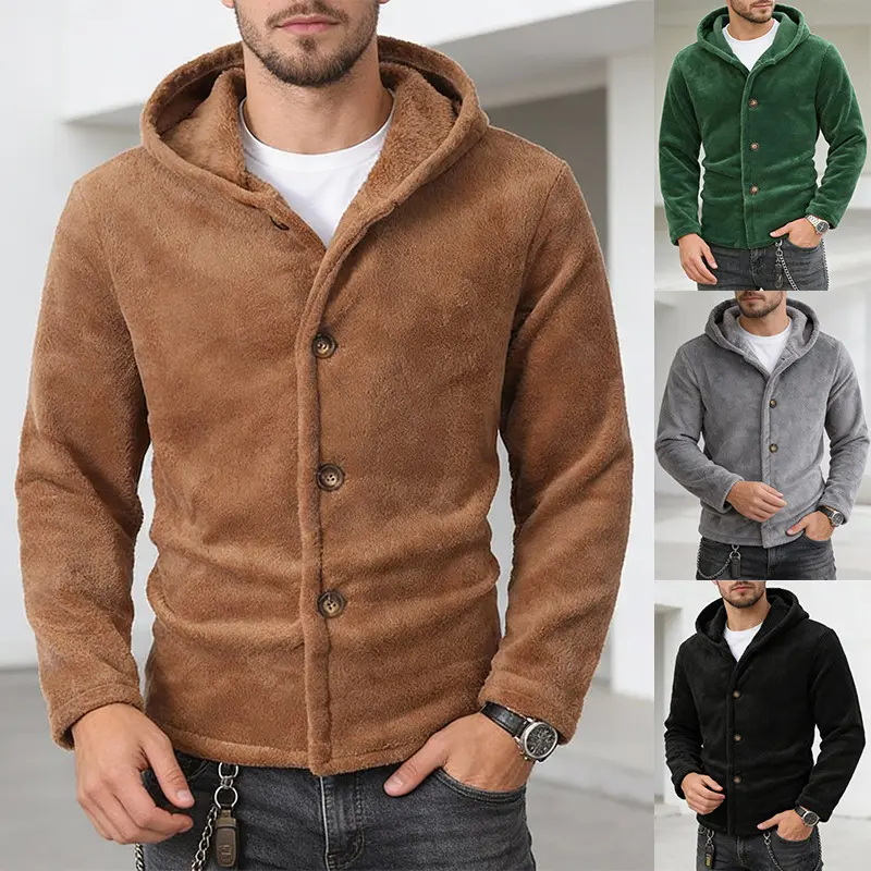 Mens Solid-Color Coral-Fleece Hooded Single-Breasted Sweatshirt Jacket