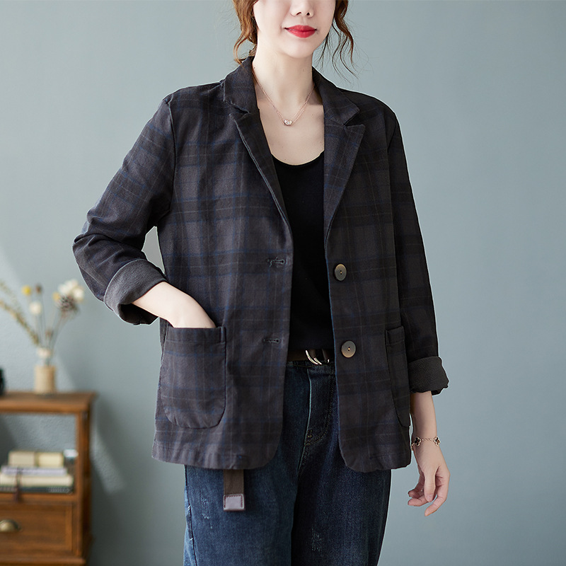 Plaid Cotton Suit Short Coat Gray - Shop at LoveMi