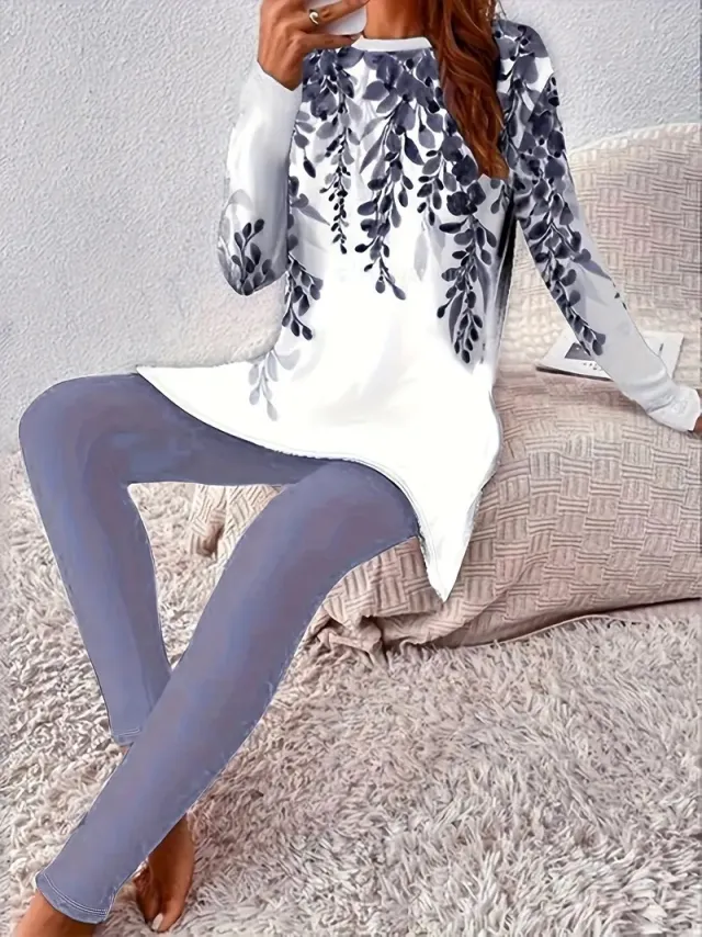 Casual Round Neck Long Sleeve Split Top And Trousers Suit G75Z3 - Shop at LoveMi