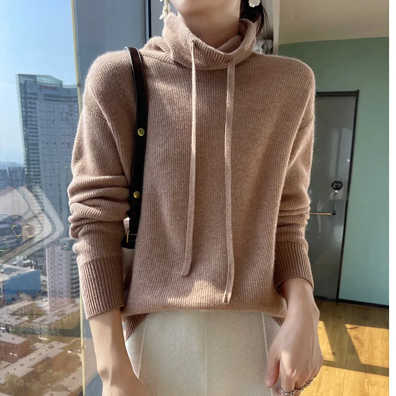 Autumn And Winter Cashmere Sweater Women's Turtleneck Drawstring Loose Thick Pullover Sweater - Khaki