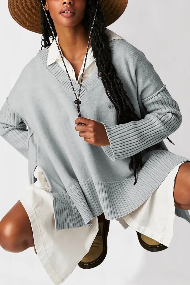 V neck Irregular Splicing Pullover Loose fitting Women's Gray - Shop at LoveMi