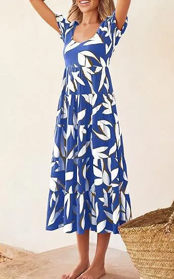 Puff Sleeve Floral Casual Summer Dress Blue - Shop at LoveMi