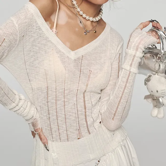 Women's Hollow out Lazy V neck Thin Blouse Ripped Sweater Long sleeved Top White - Shop at LoveMi