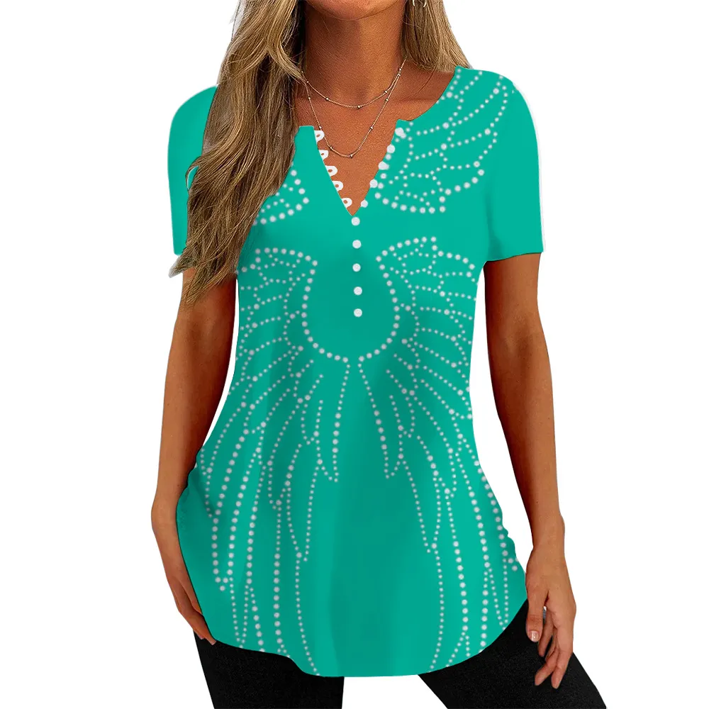 V-collar Polka Dot Wings T-shirt Short Sleeve Shirt Printed 3D Digital Top - Color 02-3Xl
