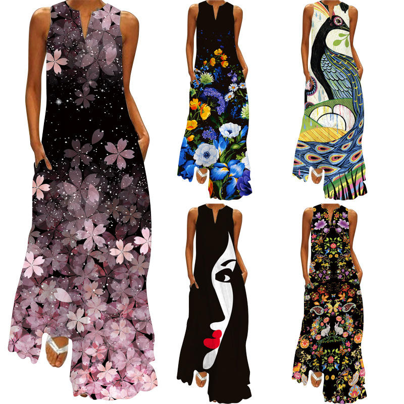 Printed V-neck Sleeveless Long Dress