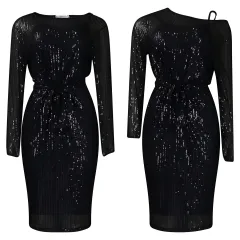 Diagonal Collar Sequined Round Neck Evening Dress Two-piece Set - Black Skirt Suspender Skirt - View 1