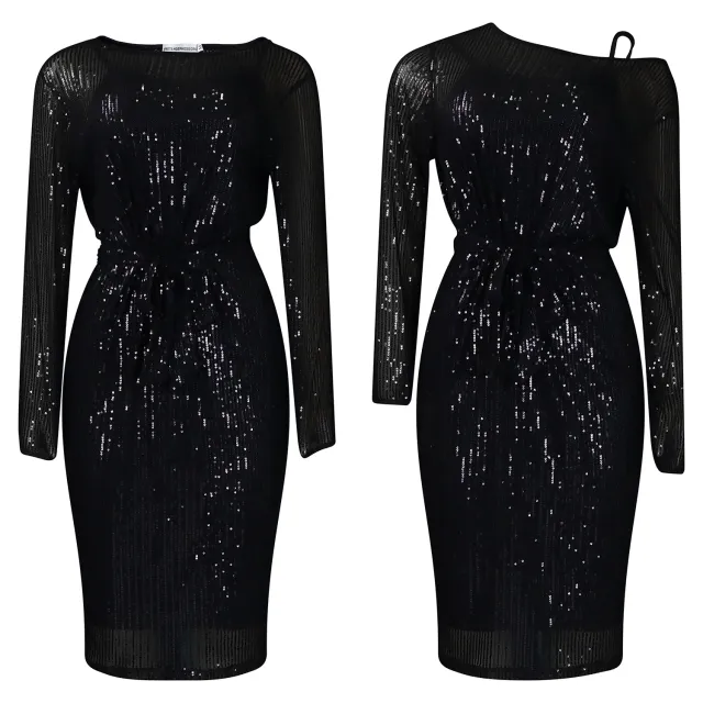 Diagonal Collar Sequined Round Neck Evening Dress Two piece Set Black Skirt Suspender Skirt - Shop at LoveMi