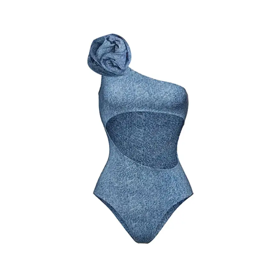 Flower Decorative One-shoulder Hollow Soft Cowboy Siamese Swimsuit