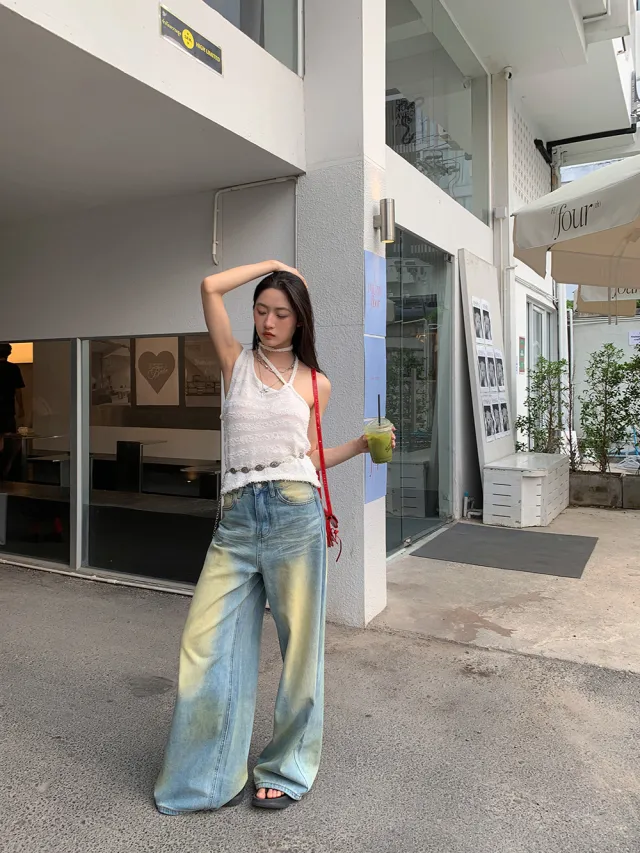 Retro Mud Dyed Lyocell Jeans Scratch Pattern Blue - Shop at LoveMi