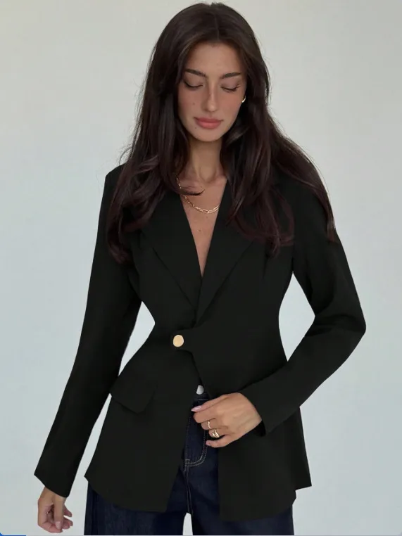 Womens Solid Color V Neck Elegant Slim Fit Blazer Black - Shop at LoveMi