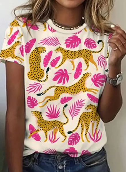 Animal Pattern Short Sleeve Round Neck T-shirt