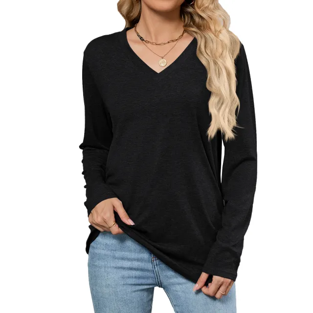Leisure Pullover V neck Solid Color Loose Long Sleeves T shirt Top Black - Shop at LoveMi
