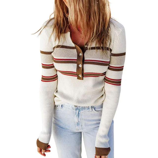 Casual Striped Slim Fit Pullover Knitted Long sleeved Top For Women White - Shop at LoveMi