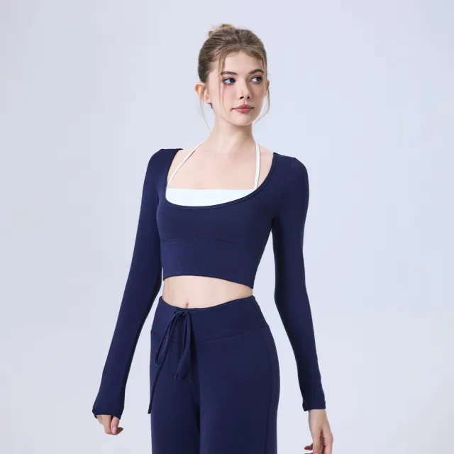 Nude Feel Yoga Clothes Long Sleeve Sports Bra Workout Top Navy Blue - Shop at LoveMi