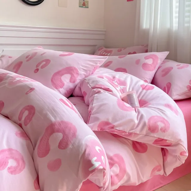 Washed Cotton Four piece Bedding Set Student Dormitory Pink Leopard Print - Shop at LoveMi