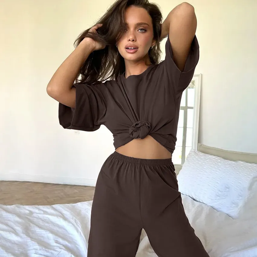 Women's Knitted Half Sleeve Shirt Trousers Pajamas - Brown