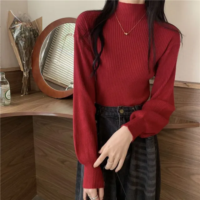 Autumn And Winter High grade Mid collar Cored Yarn Half Turtleneck Knitted Bottoming Shirt For Women Wine Red - Shop at LoveMi
