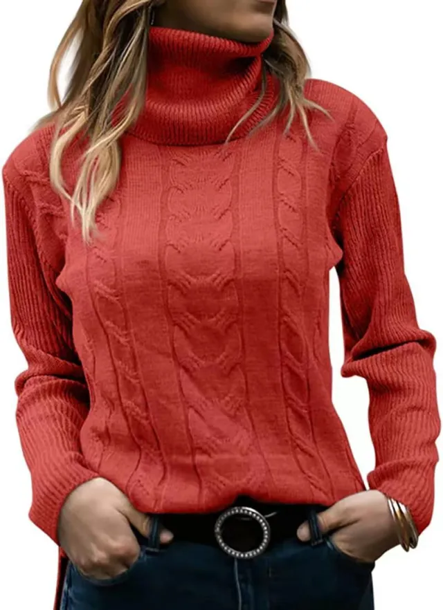 Solid Color Turtleneck Sweater Retro Long Sleeve Sweater Brick Red - Shop at LoveMi